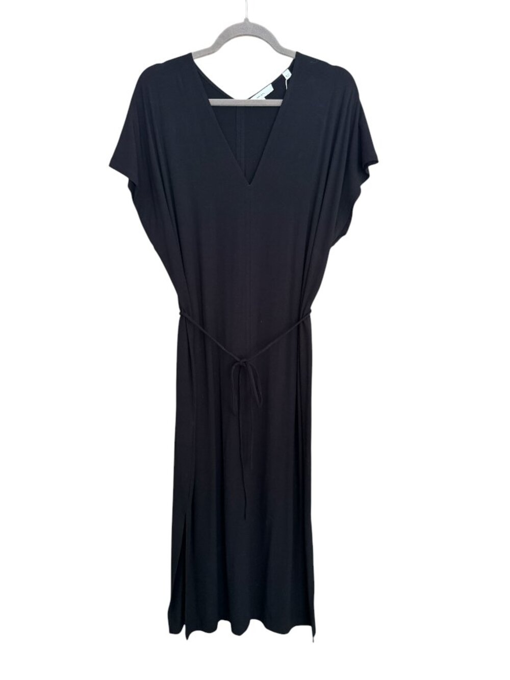 New! Black Vince Double V Stretchy Knit Popover Dress with Tie